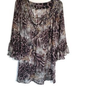 Mushka By Sienna Rose Top Womens Bohemian Animal Print Embellished V Neck 3X